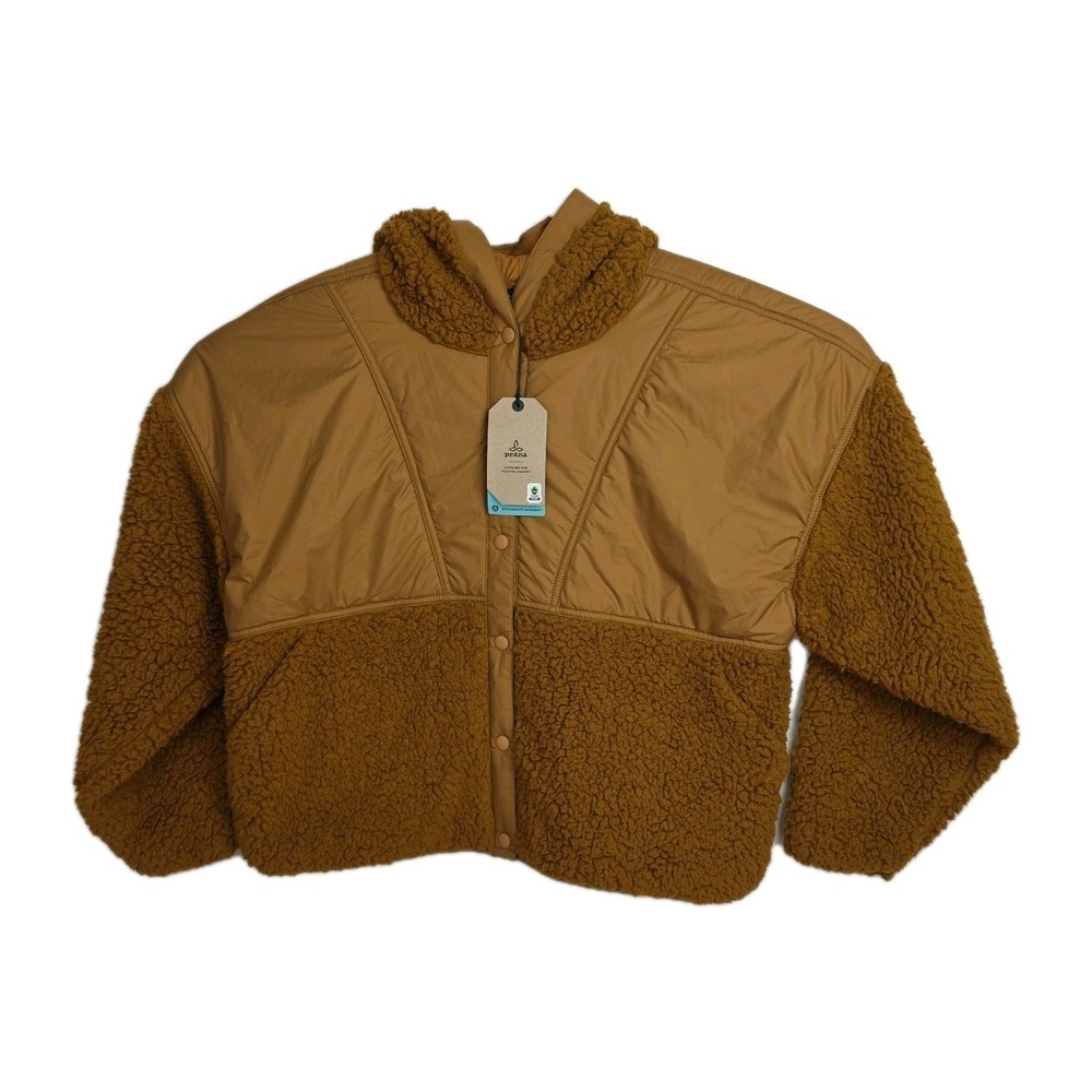 NWT Prana Polar Escape Snap Jacket Women's L Brown Teddy Bear Fleece Hooded